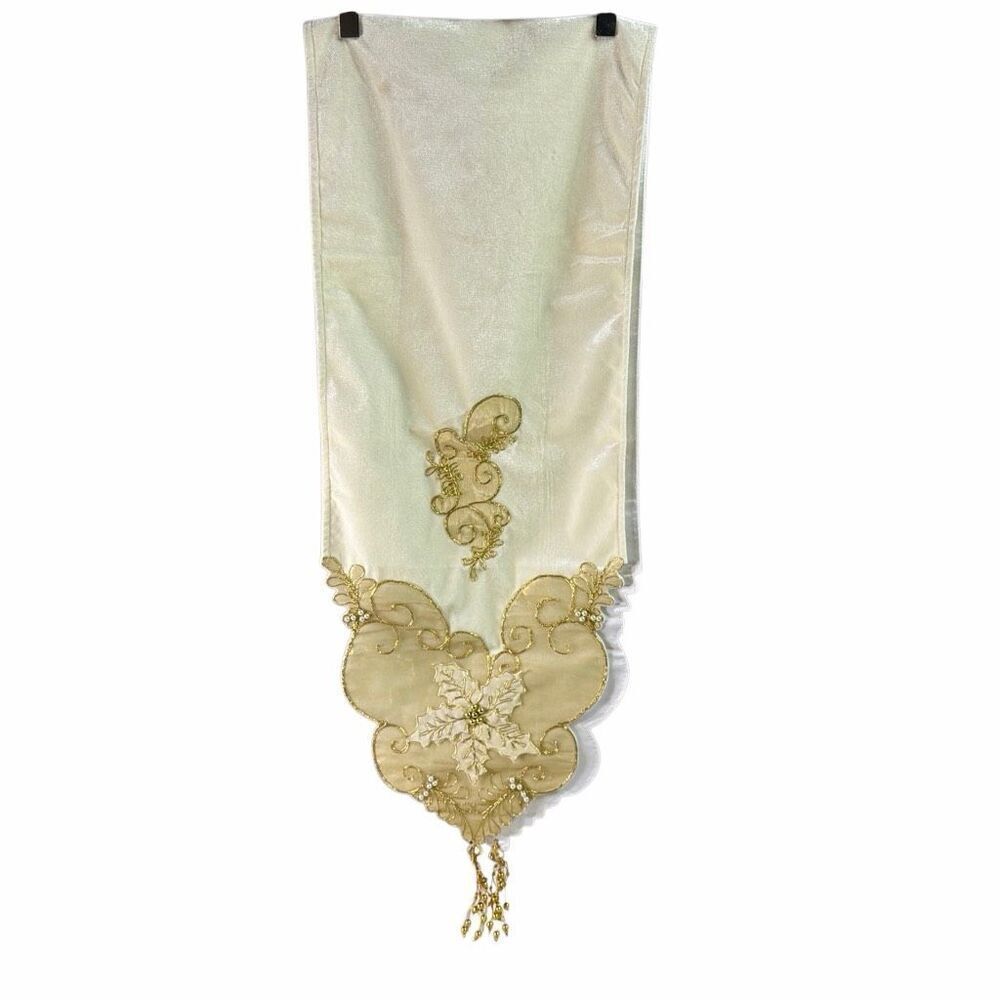 Vintage Holiday Table Runner Cream Gold 72” x 14” Holly Mistletoe Beaded Velvet